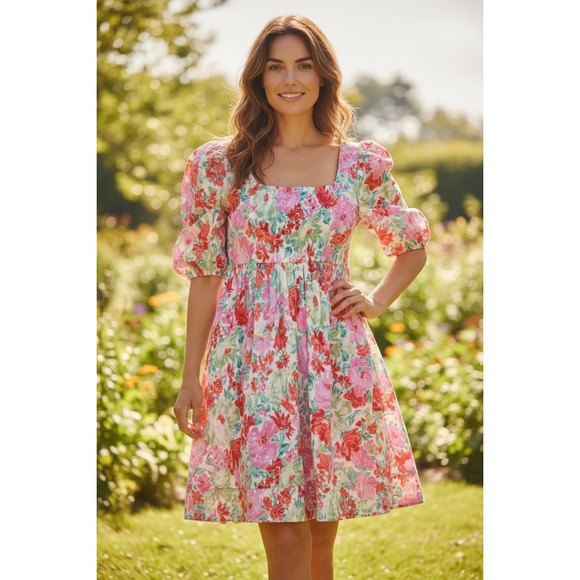 Pinch Dresses & Skirts - Floral Puff Sleeve Cotton Mini Dress Pink Red Green L Praire Romantic Cottage